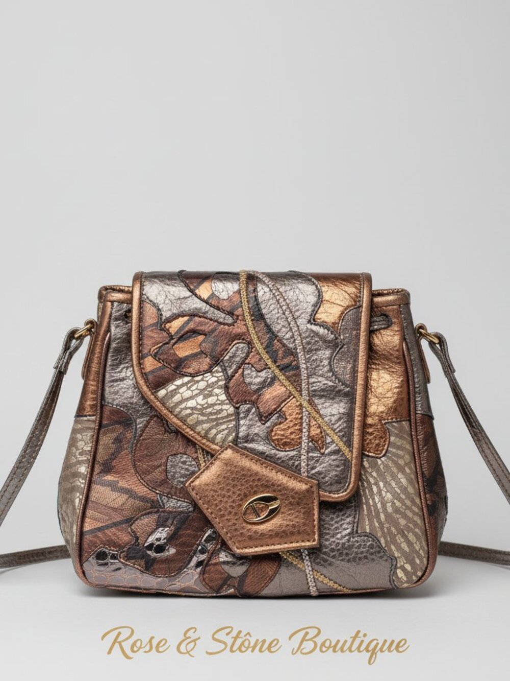 Artisan Patchwork Metallic Leather Crossbody Bag | Bronze Copper Croc Snake